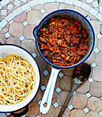 Minced meat sauce with carrots and onions for serving with spaghetti