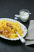 Saffron and almond rice with yoghurt