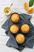 Four small round individual orange cakes in their tins cooling on a wire rack with a bowl of orange syrup
