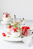 Breakfast jar filled with greek yogurt, granola, raspberries and mint leaves