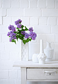 Lila Flieder in weißer Vase und andere dekorative Vasen
