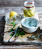 Tartare sauce with lemon, cucumber, dill, parsley and capers