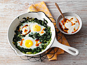 Spinach with fried eggs in a pan with chilli yoghurt (low carb)