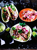 Tacos de carne asada with guacamole and pico de gallo
