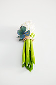 Hydrangea floret tied to white hyacinth with leaves folded down