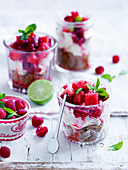 Kleine Trifles im Glas mit Wassermelone und Himbeeren