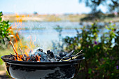 A charcoal barbecue in front of a river