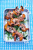 Grilled prawn skewers with apricots and herbs