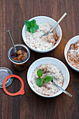 Grilled lemongrass and coconut rice pudding with caramelised pears