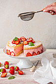 Strawberry mousse cake sliced removed