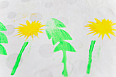 Fabric printed with dandelion motif (DIY foam rubber stamp)