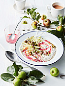 Autumn Bircher with orange and rhubarb syrup