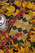 Wärmeflasche mit selbst gestrickter Hülle auf Herbstlaub