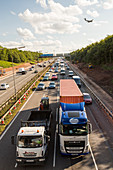 Tailbacks on the M1 motorway in the East Midlands, UK