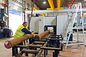 Cutting steel at metalworks, Scotland, UK