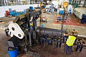 Cutting steel at metalworks, Scotland, UK