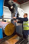 Cutting steel at metalworks, Scotland, UK