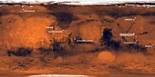Mars mission landing sites, labelled map