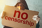 Hooded activist with No Censorship protest sign