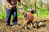 Man preparing garden soil with cultivator