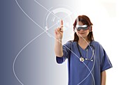 Doctor wearing VR headset and chart on virtual monitor