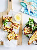 Fried haloumi with lemon, coriander and pine nuts for lunch