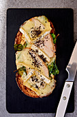 Grilled tartine with spinach, chicken and brie (seen from above)