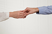A man's hand holding a woman's hand by the fingertips (body language: tentative handshake)
