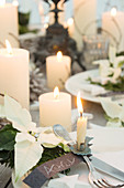 A Christmas table laid with white poinsettias, candles and Christmas tree sprigs on cutlery with name labels
