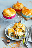 Fritata with broccoli, peas and dried tomatoes baked with filo pastry