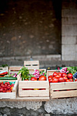 Crates of vegetables at a market