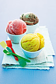 Yellow, red and brown yoghurt sorbet