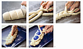 Spicy Greek Easter bread being made from yeast dough with blue Easter eggs