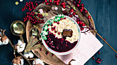 Rice pudding with chocolate and pomegranate jam