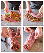 Veal kidneys being stuffed, rolled and tied