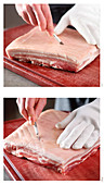 Pork fat being scored in a diamond pattern