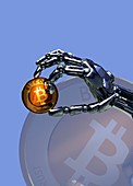 Robotic hand holding bitcoin, illustration