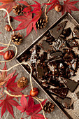 Bonfire Toffee Chunks on a Tray with Autumn Leaves
