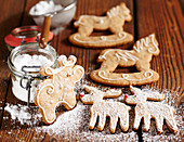 Gingerbread biscuits with icing and icing sugar