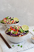 Two bowls of noodle salad with crunchy vegetables and spring onions
