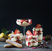 Strawberry tiramisu in various glasses