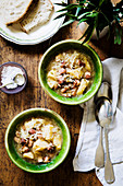 Borlotti, speck and sauerkraut soup
