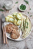 Veggie oyster mushroom schnitzel served with potatoes, french beans and fresh dill