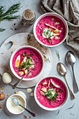 Lithuanian chilled beetroot soup with potatoes, eggs and dill.
