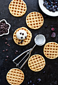 Waffles, ice cream, chocolate chips, an ice cream scoop and frozen berries