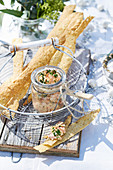Salmon rillettes with fennel seed lavosh