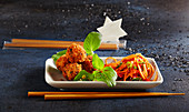 Christmas pak choy salad with shrimp balls and carrots (Asia)