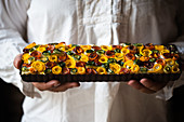 A chef holding colourful carrot and zucchini quiche