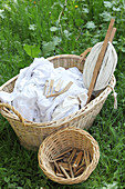 Traditionell handgewaschene und gebleichte Wäsche mit Leine und Klammern in Weidenkorb