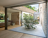 View of courtyard through glass wall